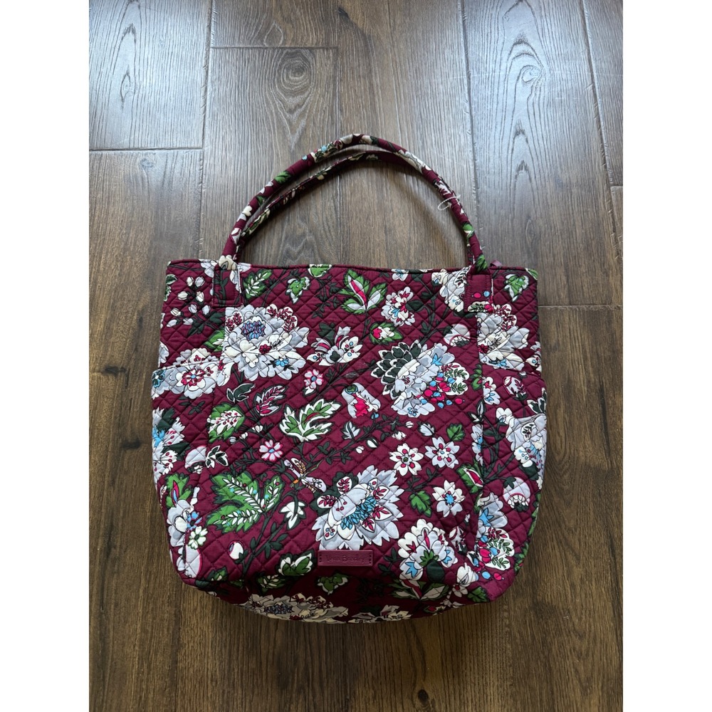 Vintage Vera Bradley Burgundy Floral Quilted Cotton Zip Top Tote Bag